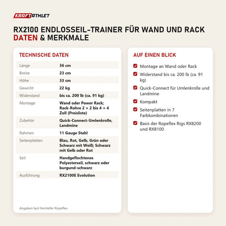 Technische Daten und Merkmale von Ropeflex RX2100 Endlosseil-Trainer für Wand und Rack als Tabelle