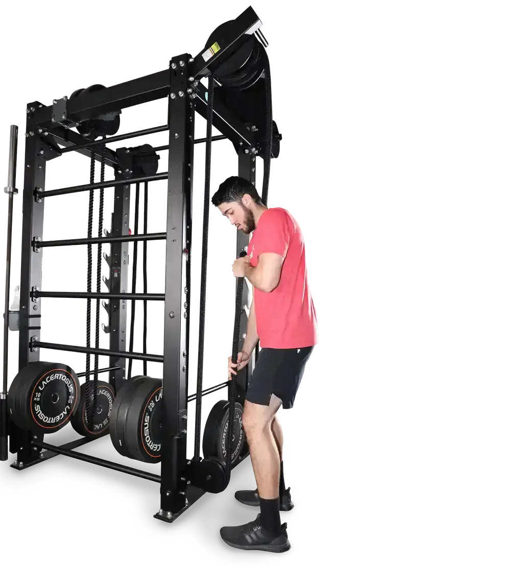 Ropeflex RX2100 Endlosseil-Trainer für Wand und Rack – Seitlicher Stand beim Seilzug am schmalen Rahmen