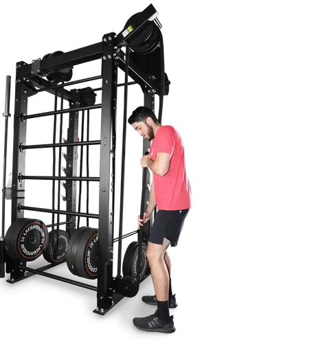 Ropeflex RX2100 Endlosseil-Trainer für Wand und Rack – Seitlicher Stand beim Seilzug am schmalen Rahmen