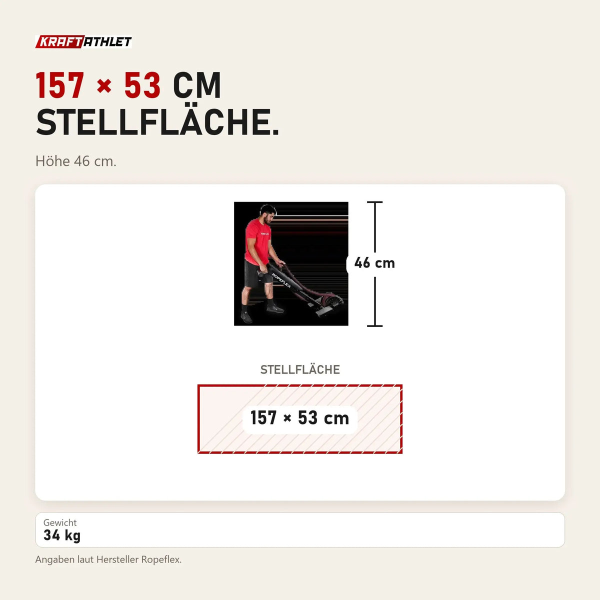 Maßbild Ropeflex RX2200 Horizontal-Seiltrainer: Stellfläche 157 × 53 cm, Höhe 46 cm