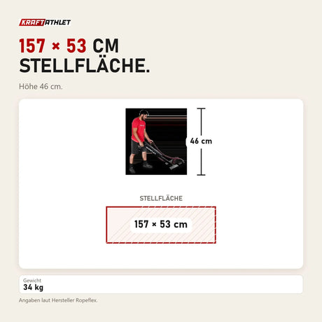 Maßbild Ropeflex RX2200 Horizontal-Seiltrainer: Stellfläche 157 × 53 cm, Höhe 46 cm