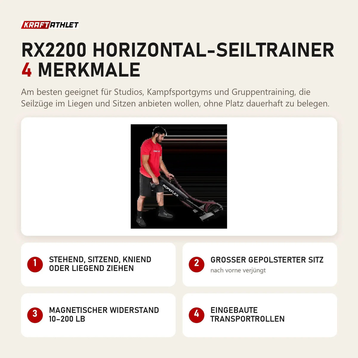 Ropeflex RX2200 Horizontal-Seiltrainer mit 4 Merkmalen: Stehend, sitzend, kniend oder liegend ziehen, Großer gepolsterter Sitz, Magnetischer Widerstand 10–200 lb, Eingebaute Transportrollen