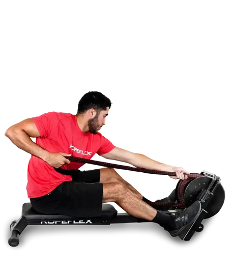 Ropeflex RX2200 Horizontal-Seiltrainer: Mann zieht das Seil im Sitzen auf der Bank