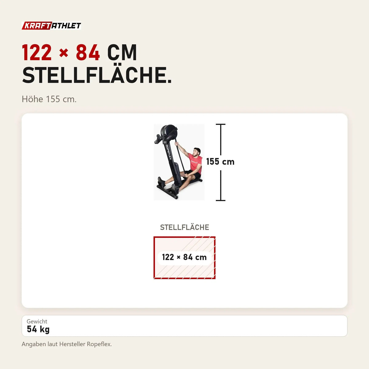 Maßbild Ropeflex RX2300 Dual-Position-Seiltrainer: Stellfläche 122 × 84 cm, Höhe 155 cm