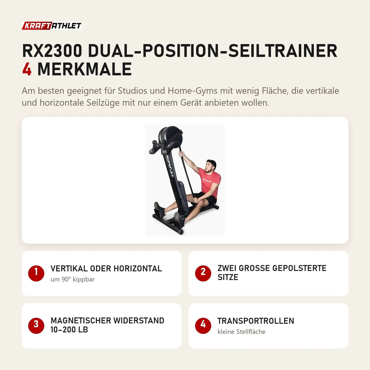 Ropeflex RX2300 Dual-Position-Seiltrainer mit 4 Merkmalen: Vertikal oder horizontal, Zwei große gepolsterte Sitze, Magnetischer Widerstand 10–200 lb, Transportrollen