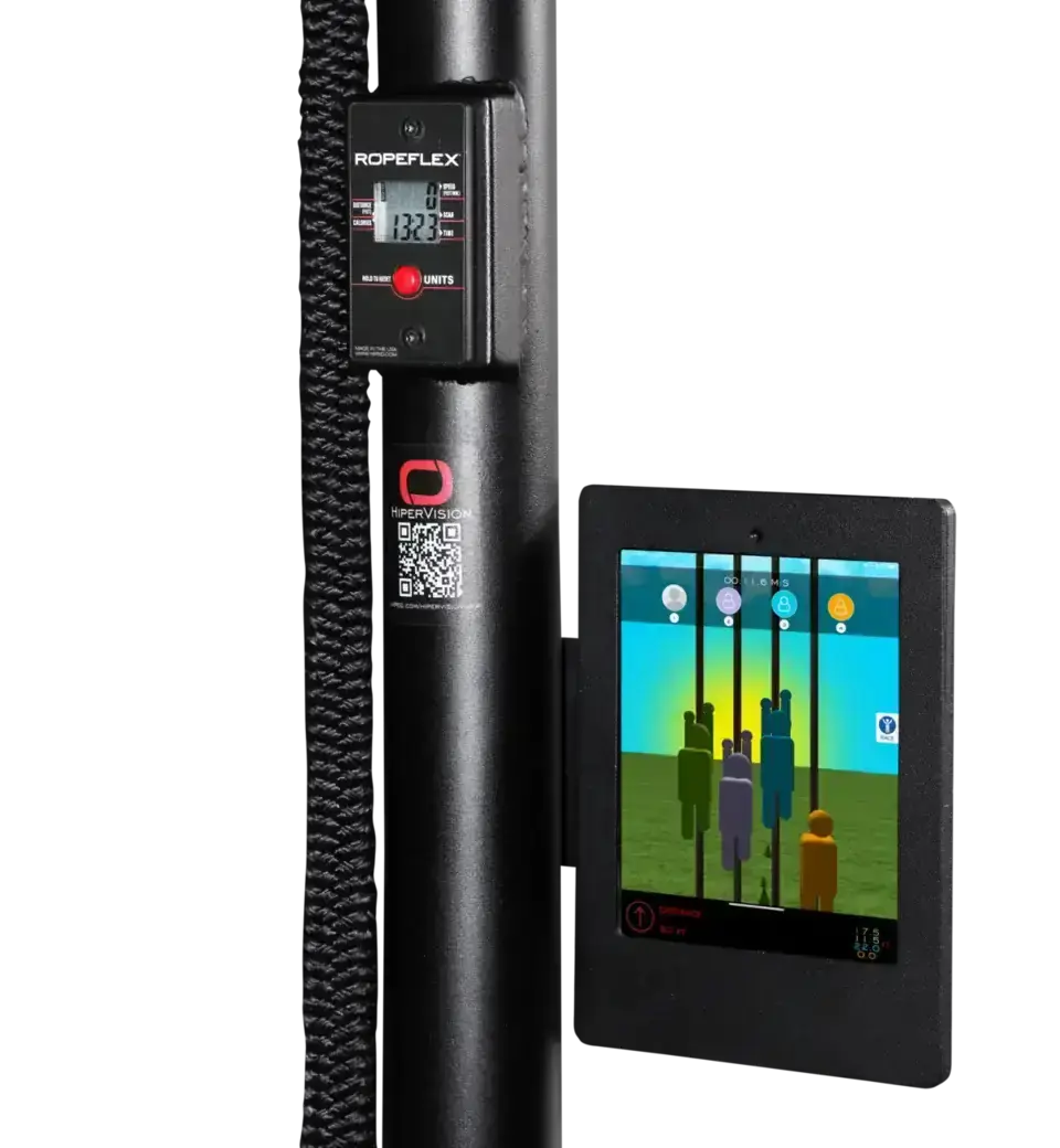 Ropeflex RX2500 Vertikal-Seiltrainer, Detail des Displays mit Tablet-Halterung und Trainings-App