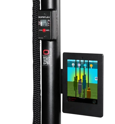 Ropeflex RX2500 Vertikal-Seiltrainer, Detail des Displays mit Tablet-Halterung und Trainings-App