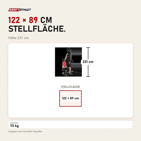 Maßbild Ropeflex RX2500 Vertikal-Seiltrainer: Stellfläche 122 × 89 cm, Höhe 231 cm