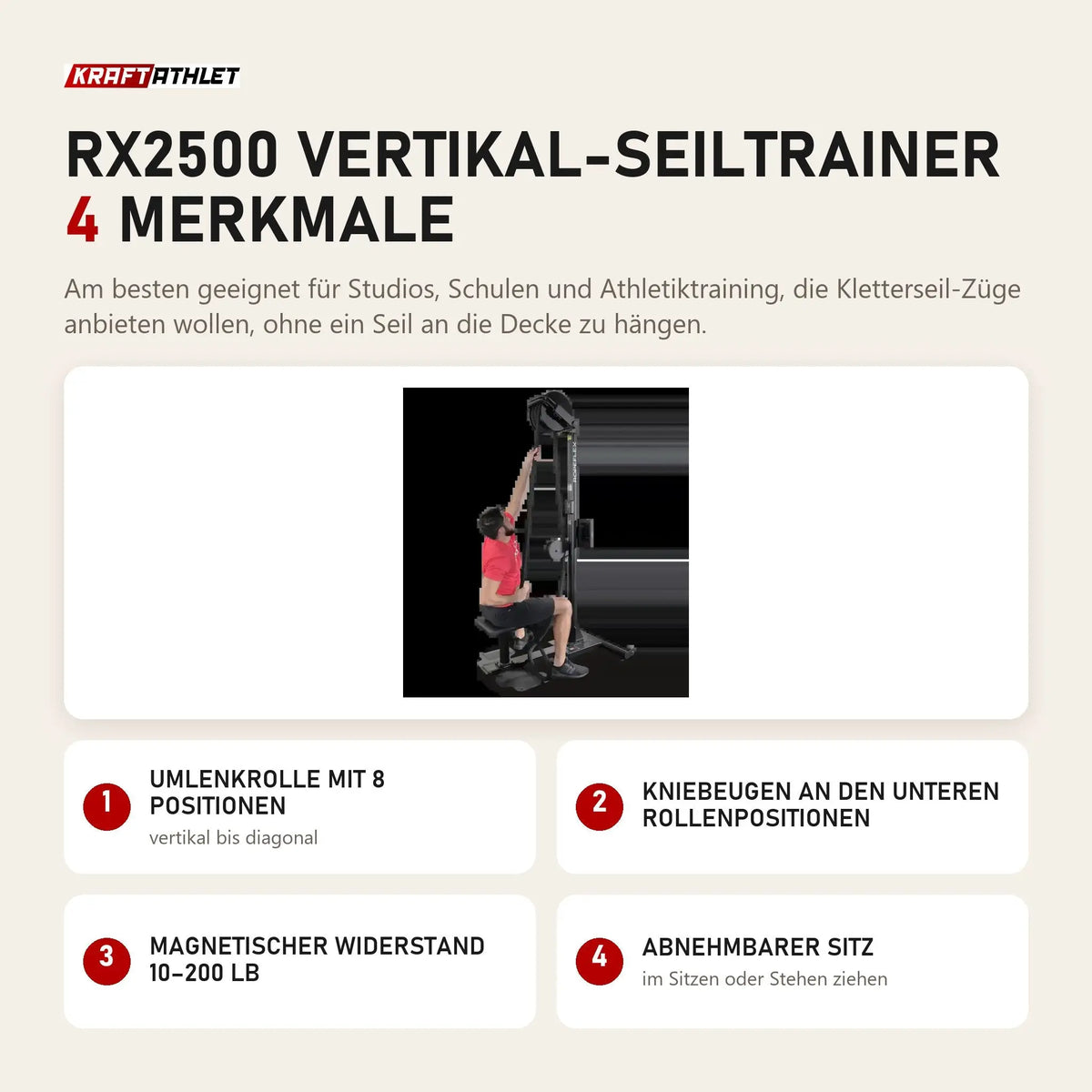 Ropeflex RX2500 Vertikal-Seiltrainer mit 4 Merkmalen: Umlenkrolle mit 8 Positionen, Kniebeugen an den unteren Rollenpositionen, Magnetischer Widerstand 10–200 lb, Abnehmbarer Sitz