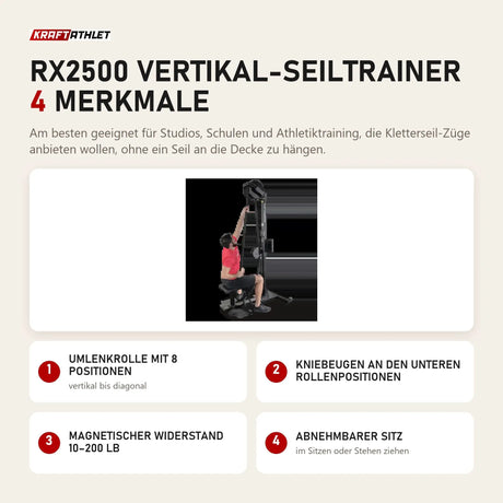 Ropeflex RX2500 Vertikal-Seiltrainer mit 4 Merkmalen: Umlenkrolle mit 8 Positionen, Kniebeugen an den unteren Rollenpositionen, Magnetischer Widerstand 10–200 lb, Abnehmbarer Sitz