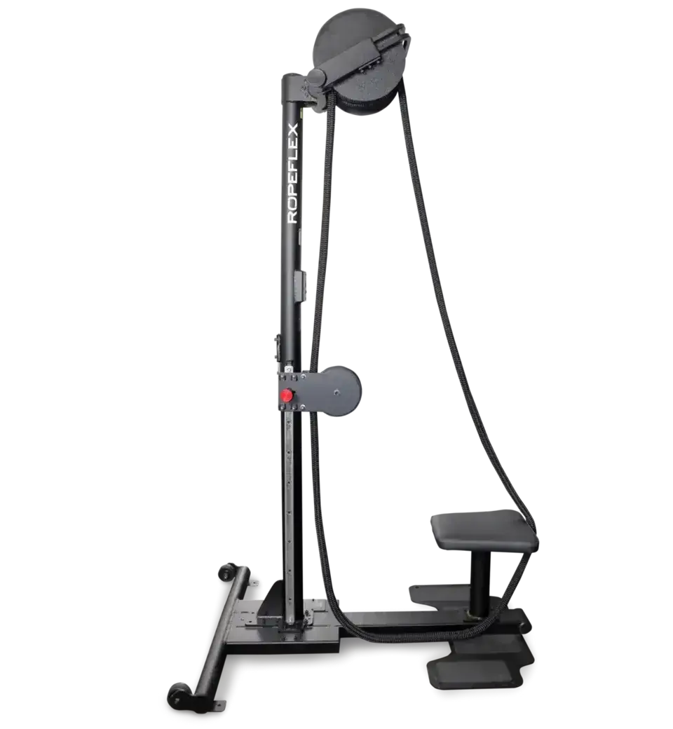 Ropeflex RX2500 Vertikal-Seiltrainer, Seitenansicht mit Seilrolle, Säule und Bank