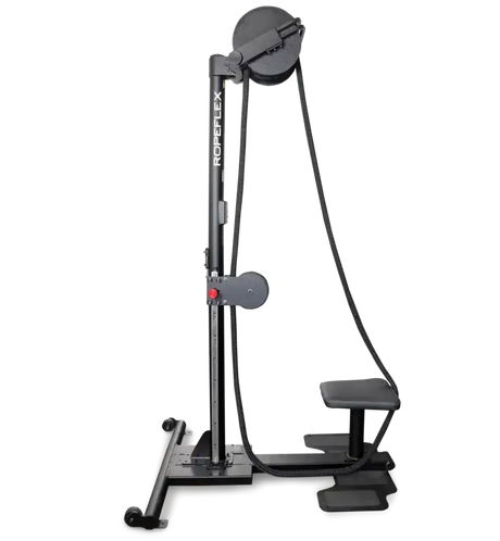 Ropeflex RX2500 Vertikal-Seiltrainer, Seitenansicht mit Seilrolle, Säule und Bank