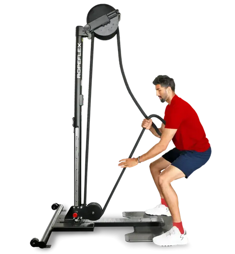 Ropeflex RX2500 Vertikal-Seiltrainer, Mann zieht das Seil in leichter Hocke