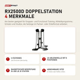 Ropeflex RX2500D Doppelstation mit 4 Merkmalen: 2 Stationen, Je Umlenkrolle mit 8 Positionen, Magnetischer Widerstand 10–200 lb je Station, Abnehmbare Sitze