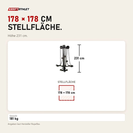 Maßbild Ropeflex RX2500T Dreifach-Seilstation: Stellfläche 178 × 178 cm, Höhe 231 cm