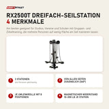 Ropeflex RX2500T Dreifach-Seilstation mit 4 Merkmalen: 3 Stationen, Von allen Seiten zugänglich (360°), Je Umlenkrolle mit 8 Positionen, Magnetischer Widerstand 10–200 lb je Station