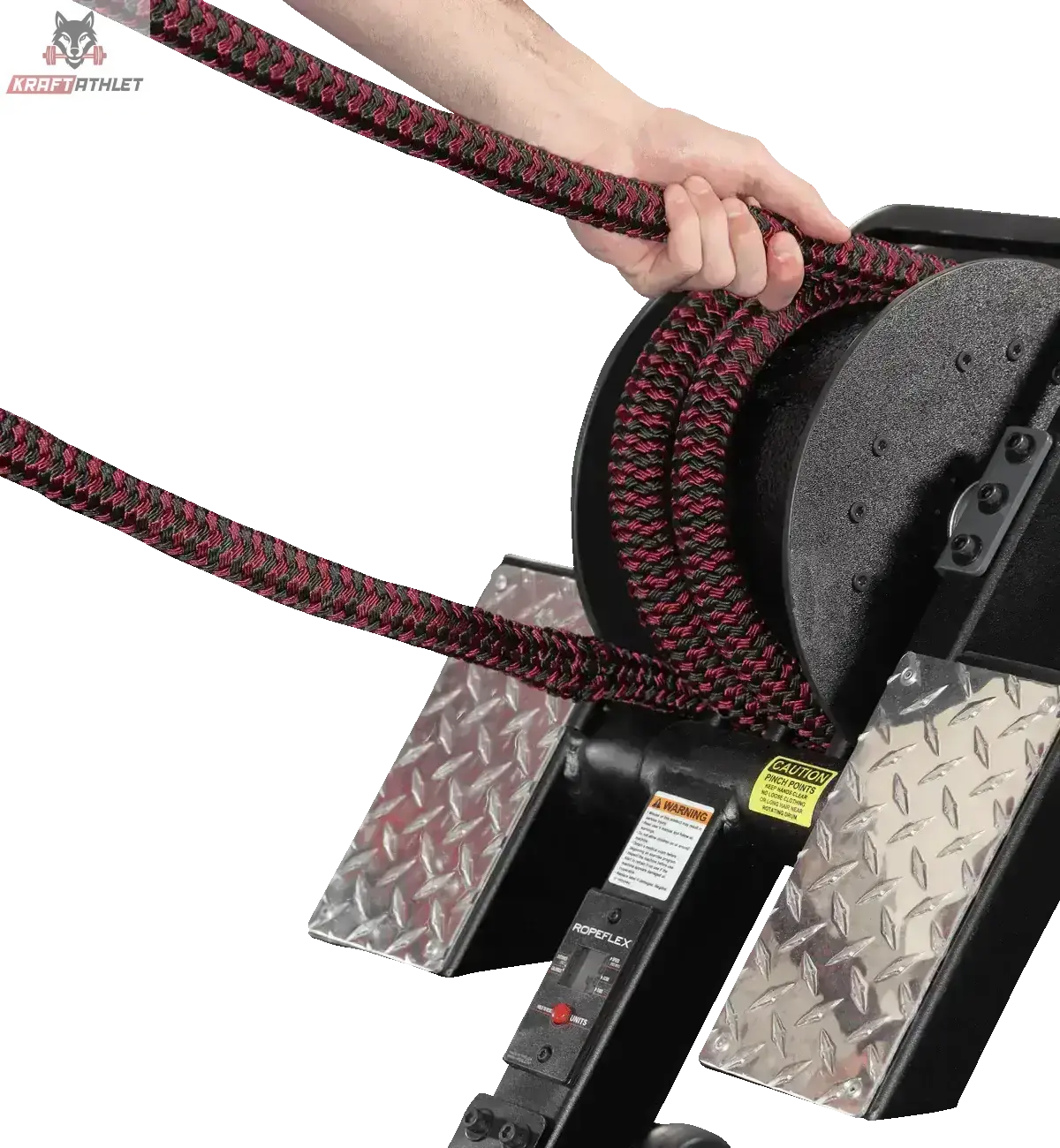 Ropeflex RX3200 Endlosseil-Rudergerät: Detail von Hand, Seil und Trittplatten