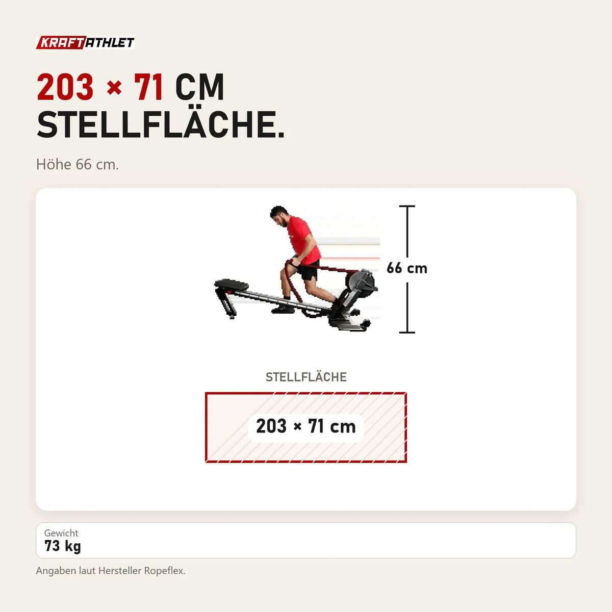 Maßbild Ropeflex RX3200 Endlosseil-Rudergerät: Stellfläche 203 × 71 cm, Höhe 66 cm