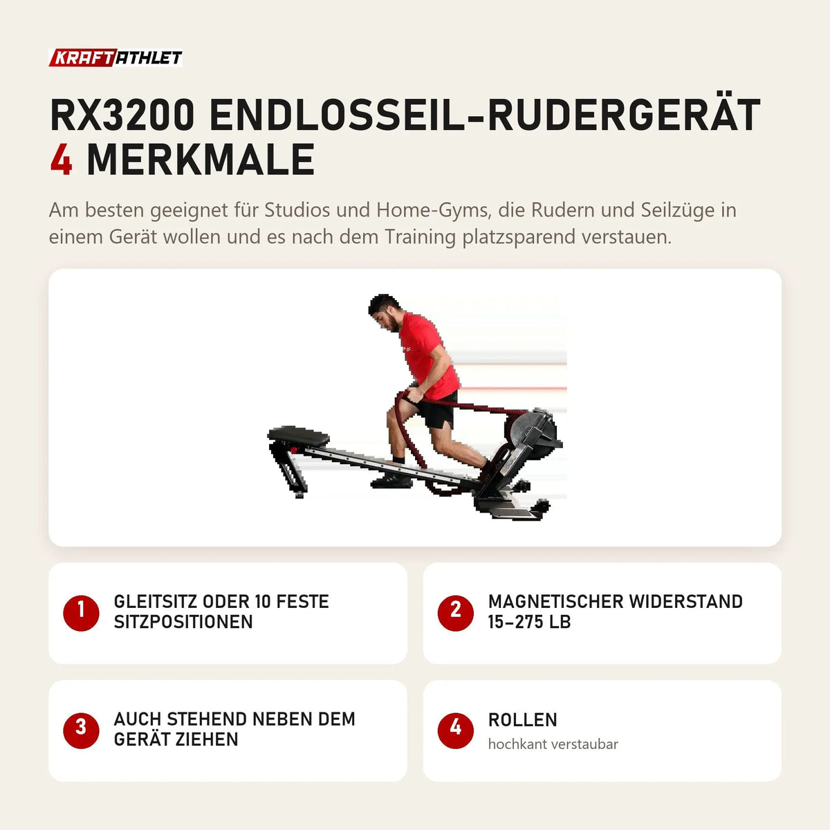 Ropeflex RX3200 Endlosseil-Rudergerät mit 4 Merkmalen: Gleitsitz oder 10 feste Sitzpositionen, Magnetischer Widerstand 15–275 lb, Auch stehend neben dem Gerät ziehen, Rollen