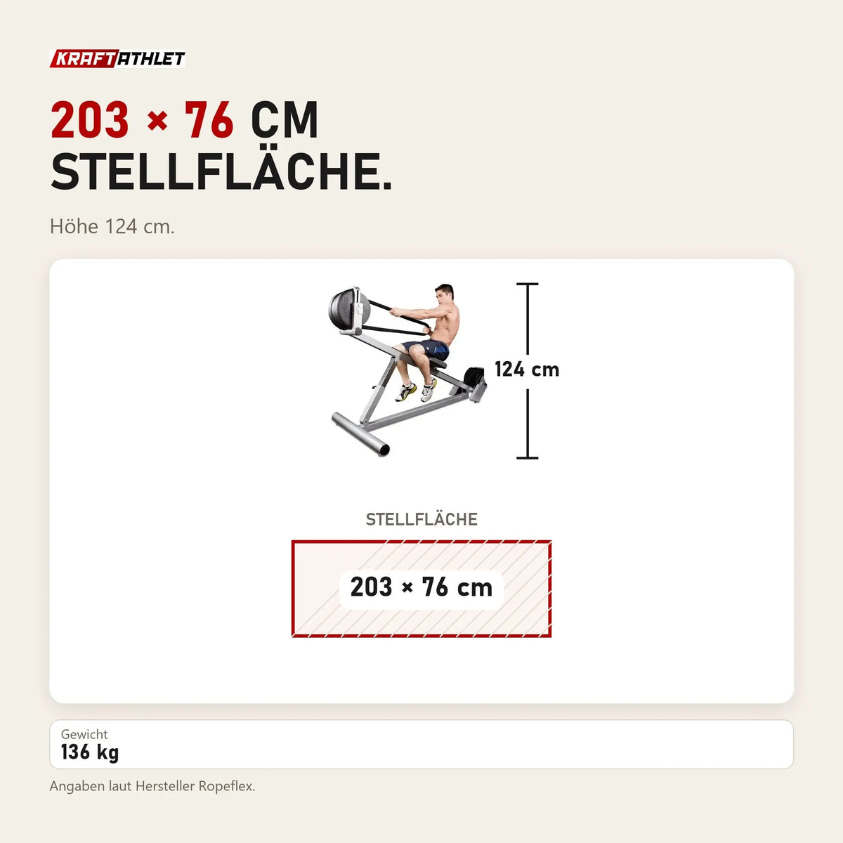 Maßbild Ropeflex RX3300 Neigungs-Seiltrainer: Stellfläche 203 × 76 cm, Höhe 124 cm