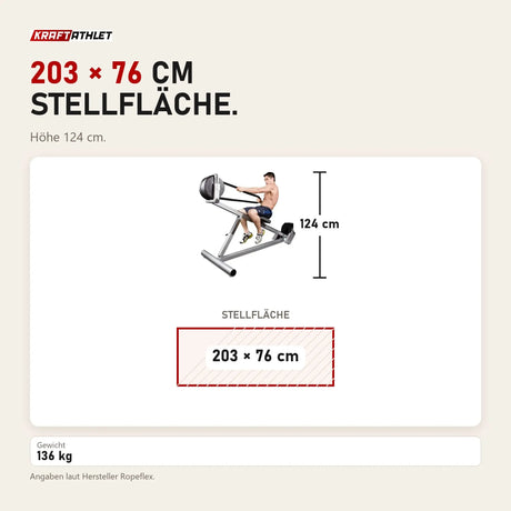 Maßbild Ropeflex RX3300 Neigungs-Seiltrainer: Stellfläche 203 × 76 cm, Höhe 124 cm