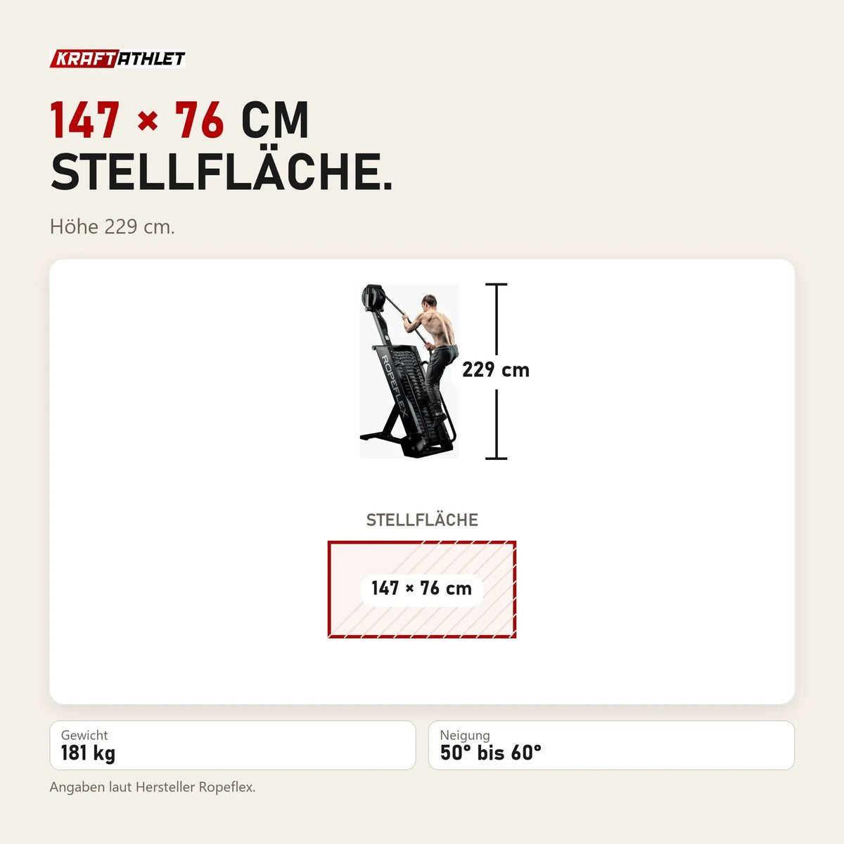 Maßbild Ropeflex RX4400 Kletter-Seiltrainer: Stellfläche 147 × 76 cm, Höhe 229 cm