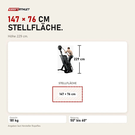 Maßbild Ropeflex RX4400 Kletter-Seiltrainer: Stellfläche 147 × 76 cm, Höhe 229 cm