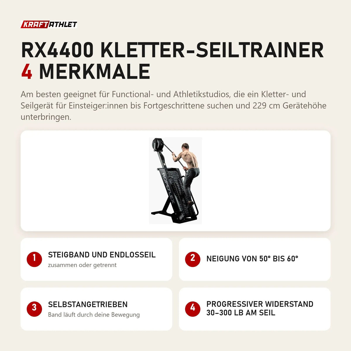 Ropeflex RX4400 Kletter-Seiltrainer mit 4 Merkmalen: Steigband und Endlosseil, Neigung von 50° bis 60°, Selbstangetrieben, Progressiver Widerstand 30–300 lb am Seil