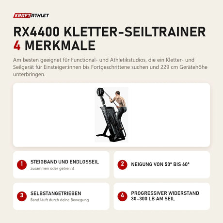 Ropeflex RX4400 Kletter-Seiltrainer mit 4 Merkmalen: Steigband und Endlosseil, Neigung von 50° bis 60°, Selbstangetrieben, Progressiver Widerstand 30–300 lb am Seil