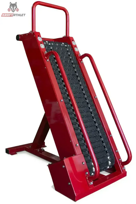 Ropeflex RX4405 Steigband-Trainer in Rot, Seitenansicht mit geneigtem Steigband und Haltegriffen