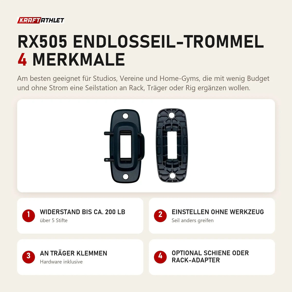 Ropeflex RX505 Endlosseil-Trommel mit 4 Merkmalen: Widerstand bis ca. 200 lb, Einstellen ohne Werkzeug, An Träger klemmen, Optional Schiene oder Rack-Adapter