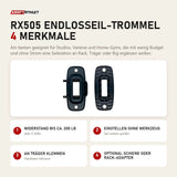Ropeflex RX505 Endlosseil-Trommel mit 4 Merkmalen: Widerstand bis ca. 200 lb, Einstellen ohne Werkzeug, An Träger klemmen, Optional Schiene oder Rack-Adapter