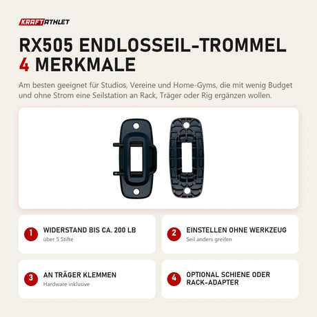 Ropeflex RX505 Endlosseil-Trommel mit 4 Merkmalen: Widerstand bis ca. 200 lb, Einstellen ohne Werkzeug, An Träger klemmen, Optional Schiene oder Rack-Adapter