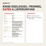 Technische Daten und Lieferumfang von Ropeflex RX505 Endlosseil-Trommel als Tabelle