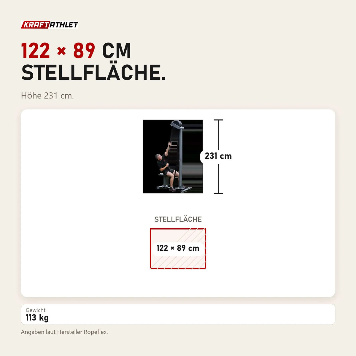 Maßbild Ropeflex RX5500 Outdoor-Seiltrainer: Stellfläche 122 × 89 cm, Höhe 231 cm