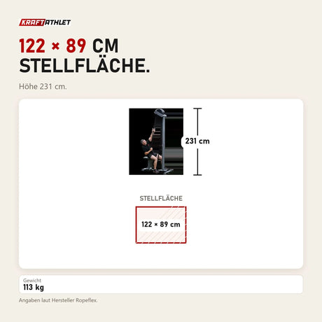 Maßbild Ropeflex RX5500 Outdoor-Seiltrainer: Stellfläche 122 × 89 cm, Höhe 231 cm