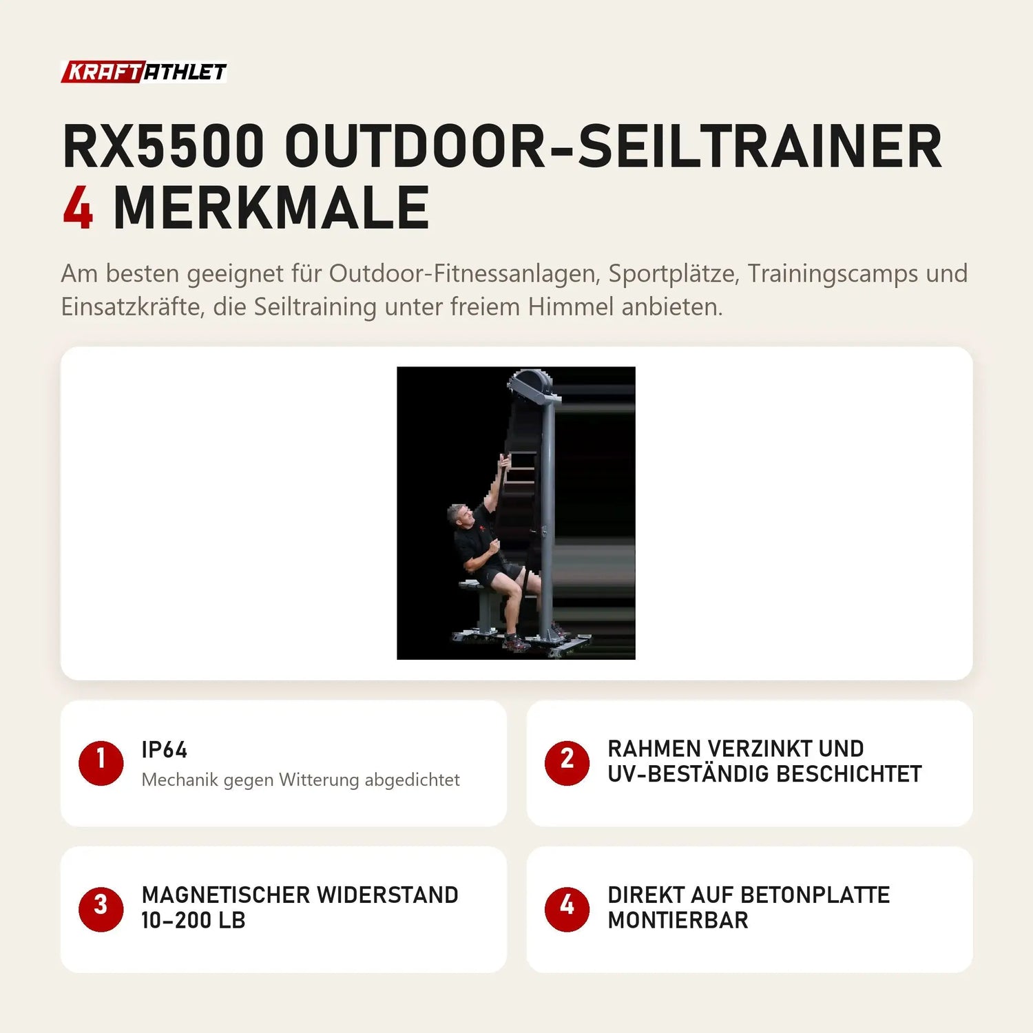 Ropeflex RX5500 Outdoor-Seiltrainer mit 4 Merkmalen: IP64, Rahmen verzinkt und UV-beständig beschichtet, Magnetischer Widerstand 10–200 lb, Direkt auf Betonplatte montierbar