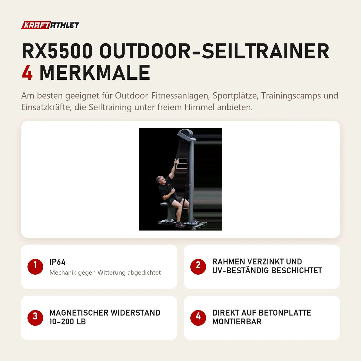 Ropeflex RX5500 Outdoor-Seiltrainer mit 4 Merkmalen: IP64, Rahmen verzinkt und UV-beständig beschichtet, Magnetischer Widerstand 10–200 lb, Direkt auf Betonplatte montierbar