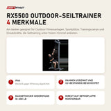 Ropeflex RX5500 Outdoor-Seiltrainer mit 4 Merkmalen: IP64, Rahmen verzinkt und UV-beständig beschichtet, Magnetischer Widerstand 10–200 lb, Direkt auf Betonplatte montierbar