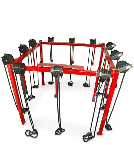 Ropeflex RX8100 Spartan Rig, mit acht Seilrollen im roten Rahmen, Gesamtansicht