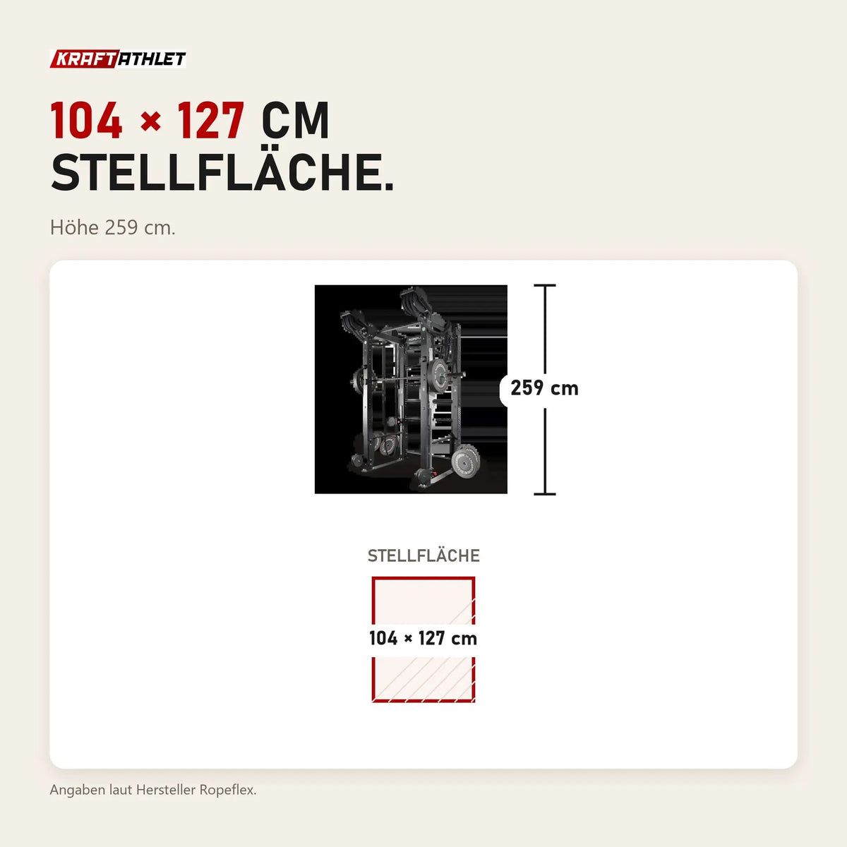 Maßbild Ropeflex RX8200 Endlosseil-Rig: Stellfläche 104 × 127 cm, Höhe 259 cm