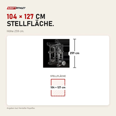 Maßbild Ropeflex RX8200 Endlosseil-Rig: Stellfläche 104 × 127 cm, Höhe 259 cm