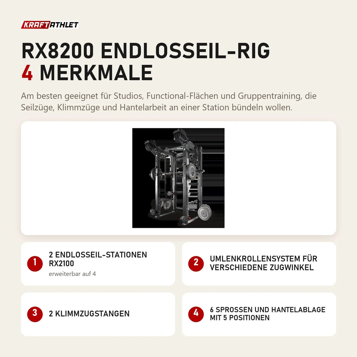 Ropeflex RX8200 Endlosseil-Rig mit 4 Merkmalen: 2 Endlosseil-Stationen RX2100, Umlenkrollensystem für verschiedene Zugwinkel, 2 Klimmzugstangen, 6 Sprossen und Hantelablage mit 5 Positionen