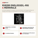 Ropeflex RX8200 Endlosseil-Rig mit 4 Merkmalen: 2 Endlosseil-Stationen RX2100, Umlenkrollensystem für verschiedene Zugwinkel, 2 Klimmzugstangen, 6 Sprossen und Hantelablage mit 5 Positionen