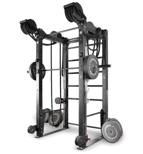 Ropeflex RX8200 Endlosseil-Rig, Schrägansicht mit Seilrollen und Hantelscheiben vor Schwarz
