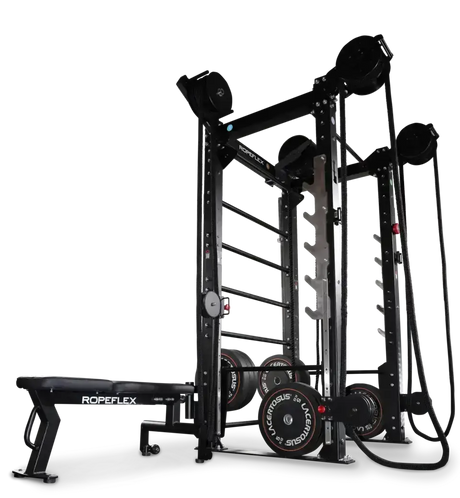 Ropeflex RX8200 Endlosseil-Rig, Seitenansicht mit Bank am Boden