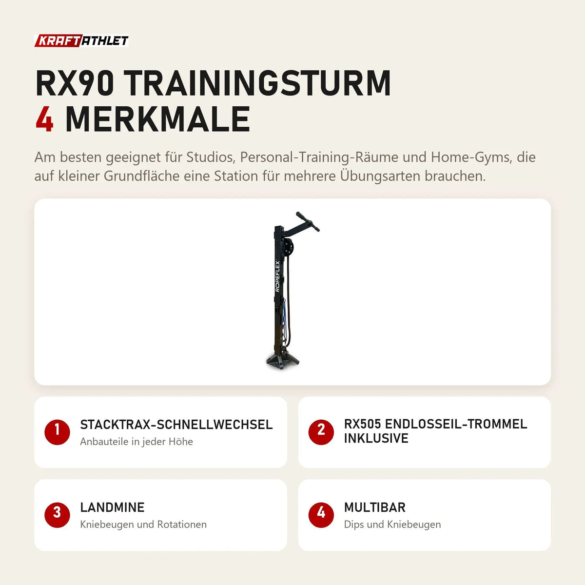 Ropeflex RX90 Trainingsturm mit 4 Merkmalen: Stacktrax-Schnellwechsel, RX505 Endlosseil-Trommel inklusive, Landmine, Multibar