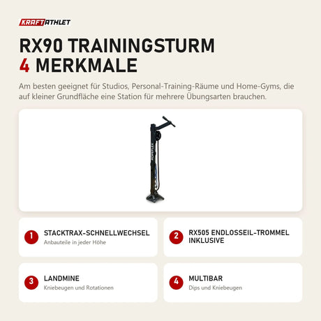 Ropeflex RX90 Trainingsturm mit 4 Merkmalen: Stacktrax-Schnellwechsel, RX505 Endlosseil-Trommel inklusive, Landmine, Multibar