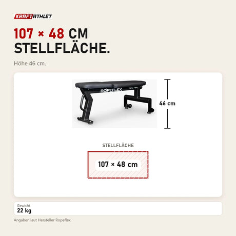 Maßbild Ropeflex RXB2 Flachbank fürs Seiltraining: Stellfläche 107 × 48 cm, Höhe 46 cm