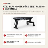 Ropeflex RXB2 Flachbank fürs Seiltraining mit 4 Merkmalen: Zwei getrennte Sitzpolster, Passend zu RX1500 und RX8200 und RX2500, Griff und Rollen zum Positionieren, Senkrecht verstaubar